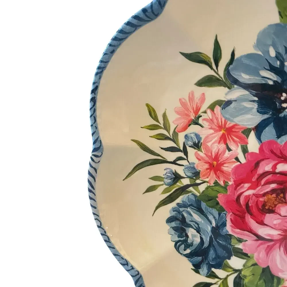 NEW Shabby Chic Floral Melamine Salad Plates 9in Set of 4 Scalloped Blue Border